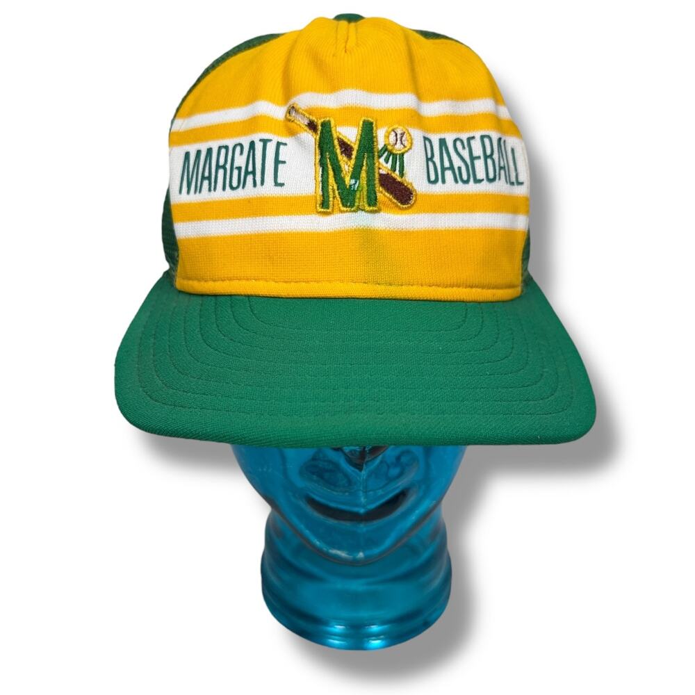 Vintage Margate Baseball Trucker Hat Mens Green Yellow‎ Snapback Cap Stripes 70s